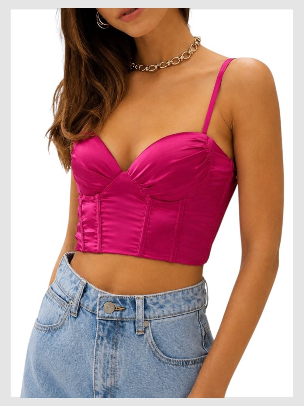 Hello Molly Bustier Crop Top Hot Pink Fuchsia Satin Size 4 S